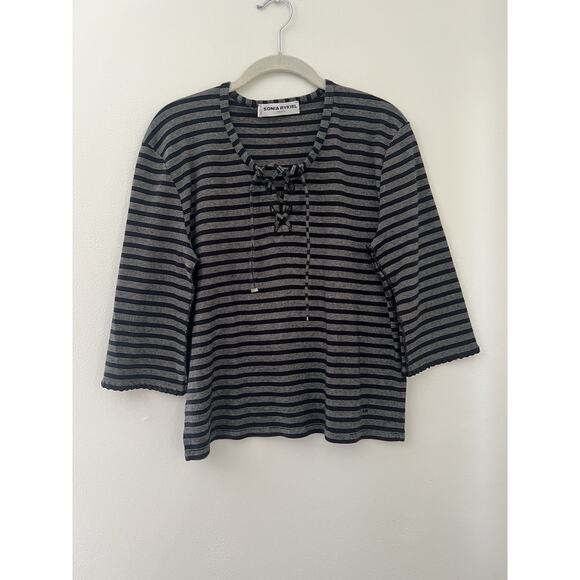 Sonia Rykiel Paris Black And White Stripe Lace Up Cotton Boat Stripe Shirt - Picture 7 of 8